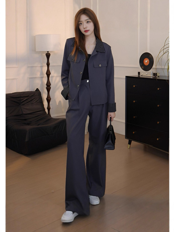 高级时尚套装2025春秋款条纹拼接洋气外套阔腿裤显瘦两件套女代发|undefined