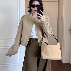 卡其色毛呢棒球服短外套女秋季美式风小个子短款气质oversize夹克