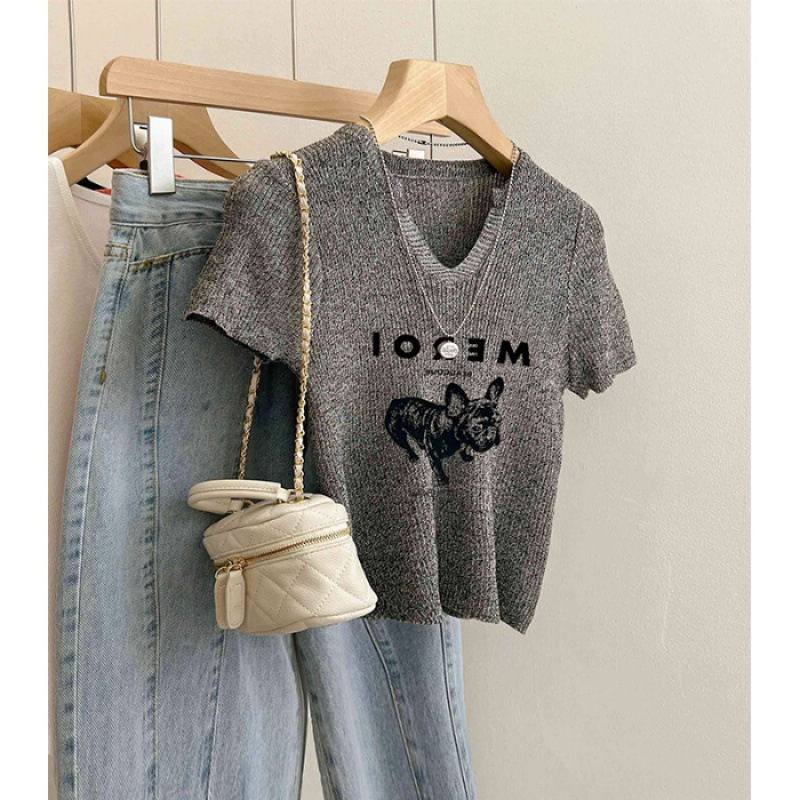 ダークグレーニット半袖レディース2025新作VネックショルダーTシャツニッチスリムフィットショートニットセータートップ|undefined