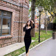 特价清仓法式丝绒连衣裙秋冬黑色性感收腰包臀裙子不退不换