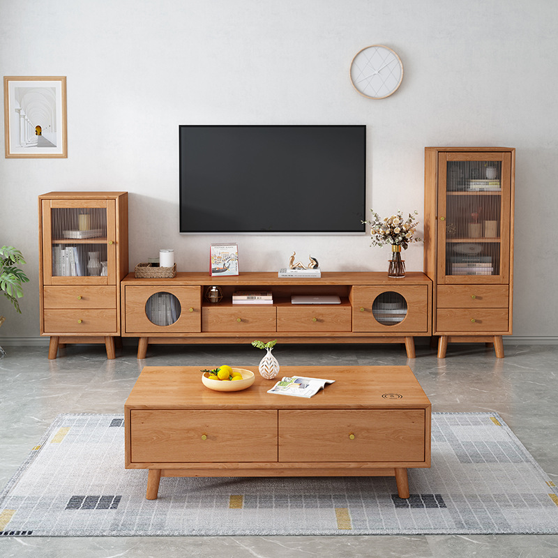 Madera maciza nórdica TV gabinete mesa de café combinación moderna minimalista hogar sala de estar gabinete de piso pequeño apartamento de pared de fondo