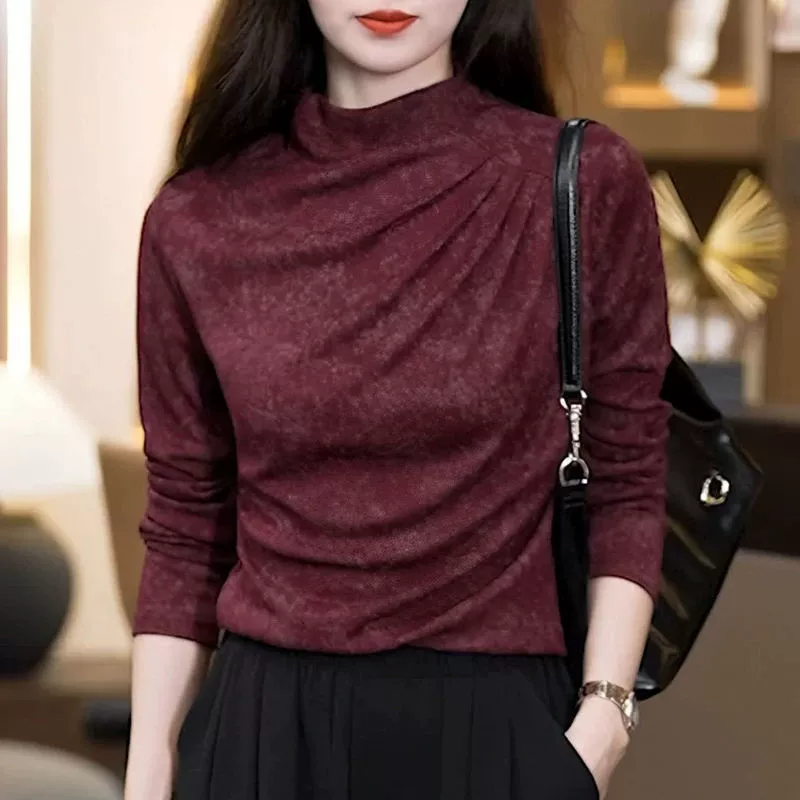 Половина высокого воротника с окрашиванием галстуков двухсторонняя теплая футболка с нижней рубашкой женская осенняя и зимняя тонкая топа большого размера