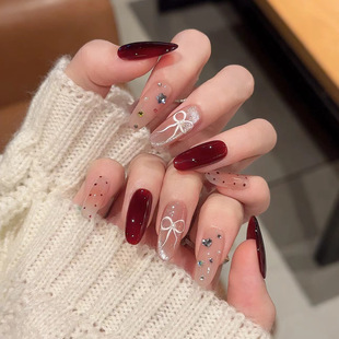 Autumn and Winter Wear Armor Red High-end Temperament White Bow Broken Diamond Cat's Eye Manicure Korean Style Oval Mid-length