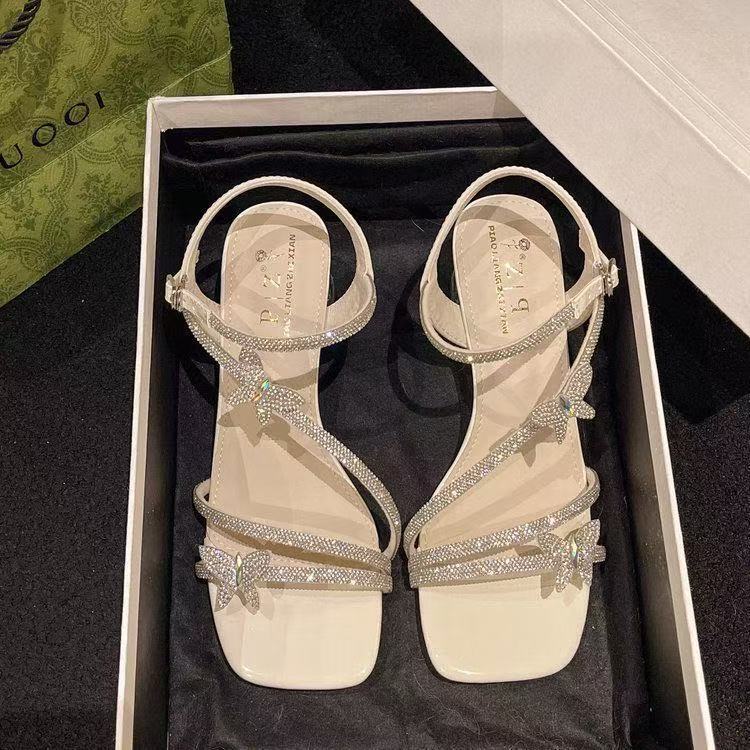 2025 New Style Rhinestone Bow Crystal Thick Heel with Skirt Fashionable Sandals Summer High Heel Slippers for Women to Wear Outside