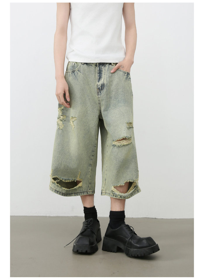Quần short jean nam ống rộng ống thẳng dáng lửng rách nhẹ — Màu xanh lam chi tiết 8