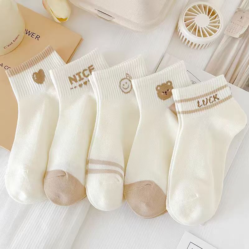 Calcetines para mujer, calcetines de moda, oso de boca baja, lindos calcetines japoneses de algodón de tubo corto, malla deportiva, calcetines de barco transpirables finos