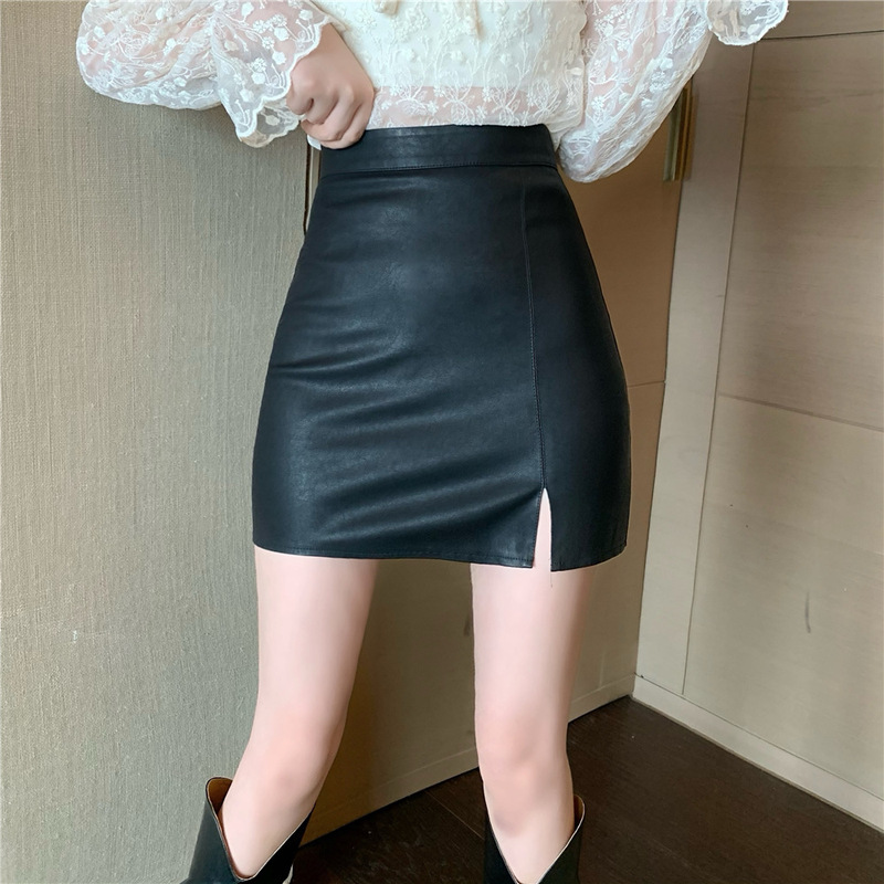 黒いフォークの小さい皮のスカートの女性の秋の新型の大きいサイズは太っています。|undefined
