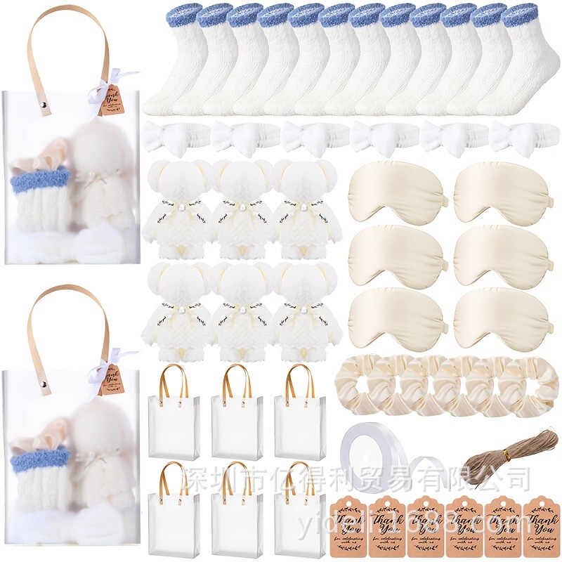Bridesmaid gift set wedding return gift includes towel, bear, socks, hair tie, eye mask, and transparent gift bag