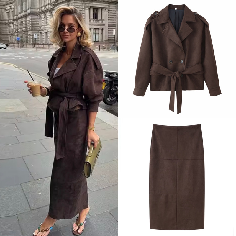 Za Cross-Border Export Ready-Made Women's Casual Suit Lapel Long-Sleeved Lace-Up Short Jacket + High-Waisted Skirt Suit