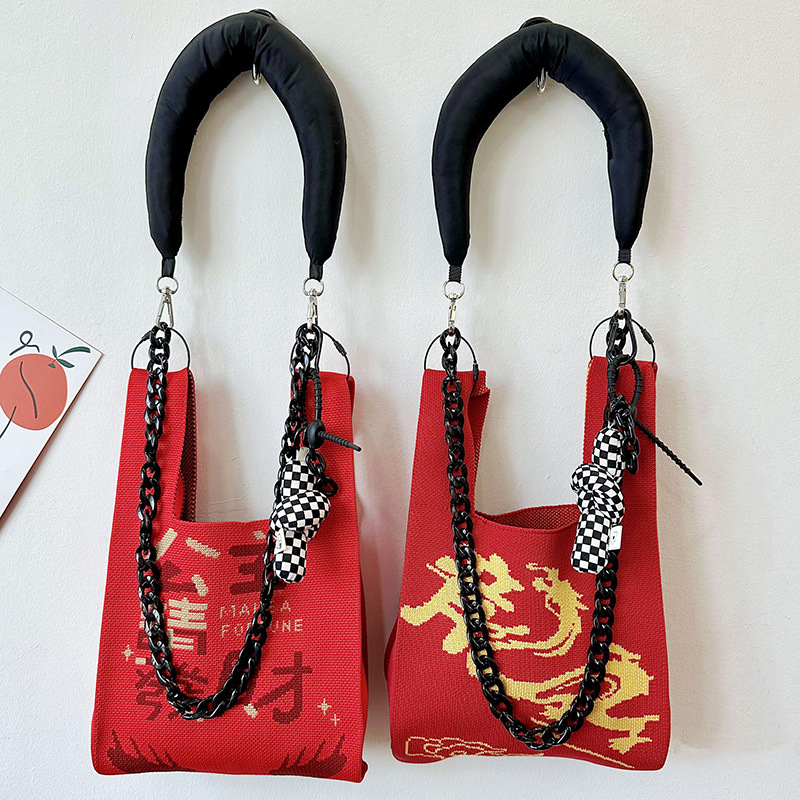 Año nuevo Dragón Año Grande Ji festivo rojo de punto bolso versátil gran capacidad bolsa muñeca