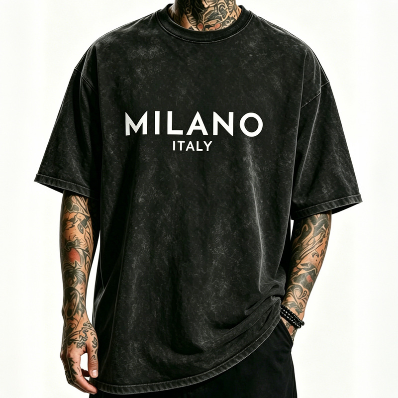 Washed Vintage Round Neck Short-Sleeve T-Shirt with Simple Milan City Slogan Graphic, Casual Loose Fit Men's T-Shirt