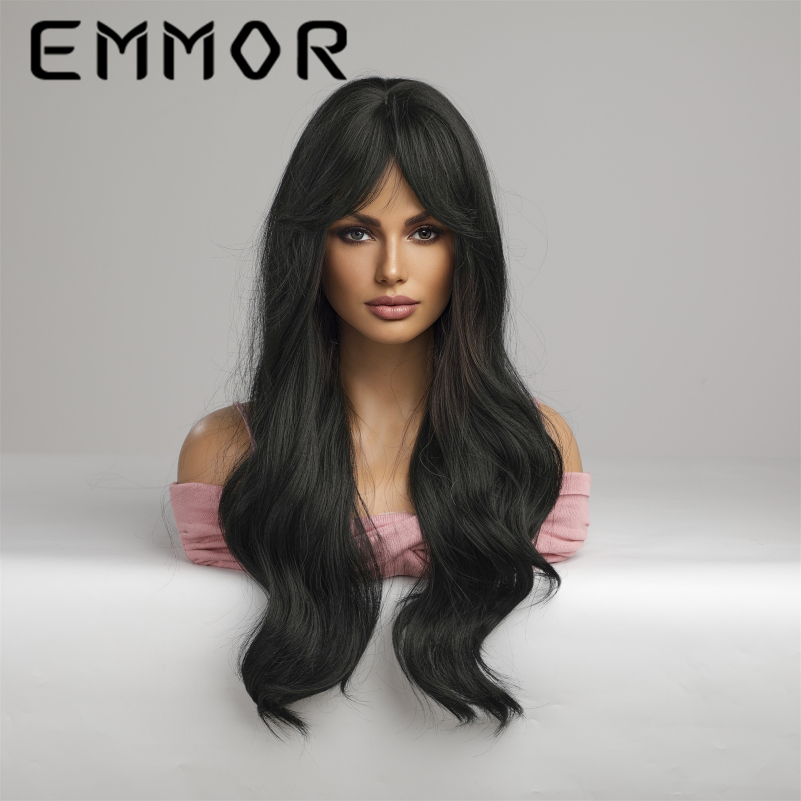 Peluca europea y americana de las mujeres tocados de longitud media de ocho caracteres Bangs negro largo pelo rizado fibra química peluca Peluca de pelo