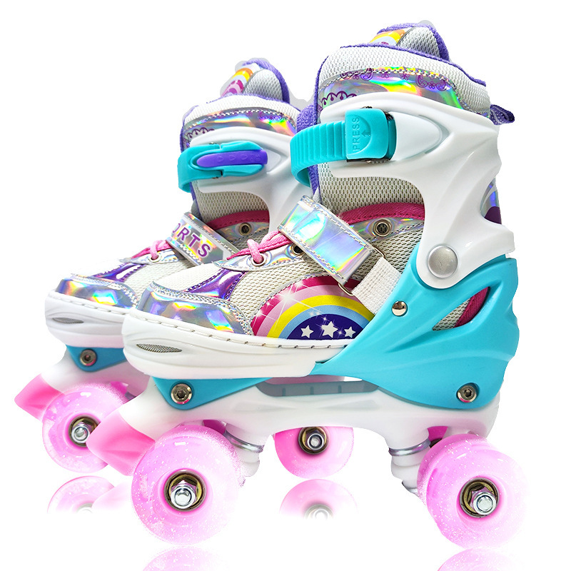 Four-Wheel Roller Skates for Children, Anti-Fall Double-Row Roller Skates for Boys and Girls, Roller Skating for Toddlers, Rainbow Speed Skating Shoes