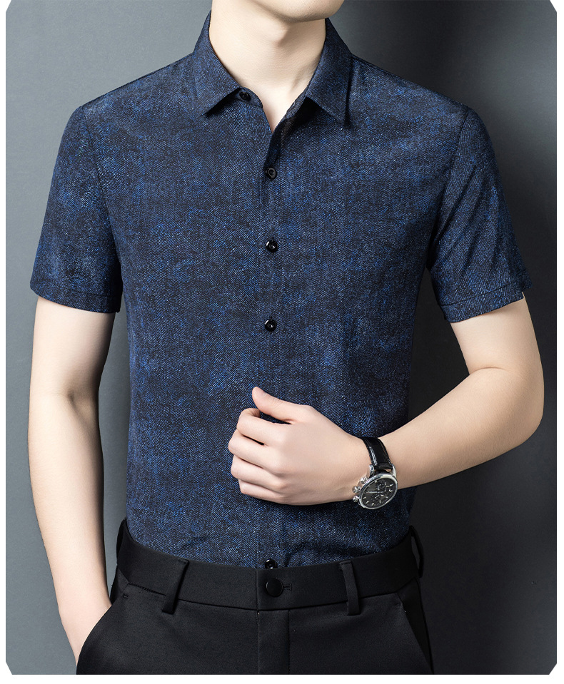Áo sơ mi nam tay ngắn lụa tơ tằm mùa hè phong cách vintage — Xanh da trời8883 chi tiết 12