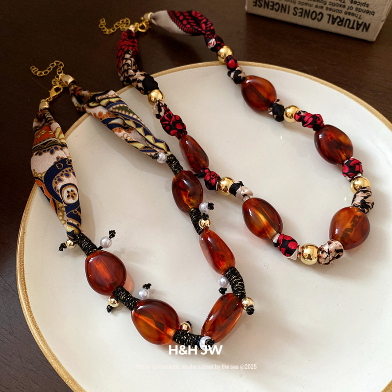 复古布料印花树脂串珠项链中古vintage锁骨链轻奢高级感项饰批发|undefined