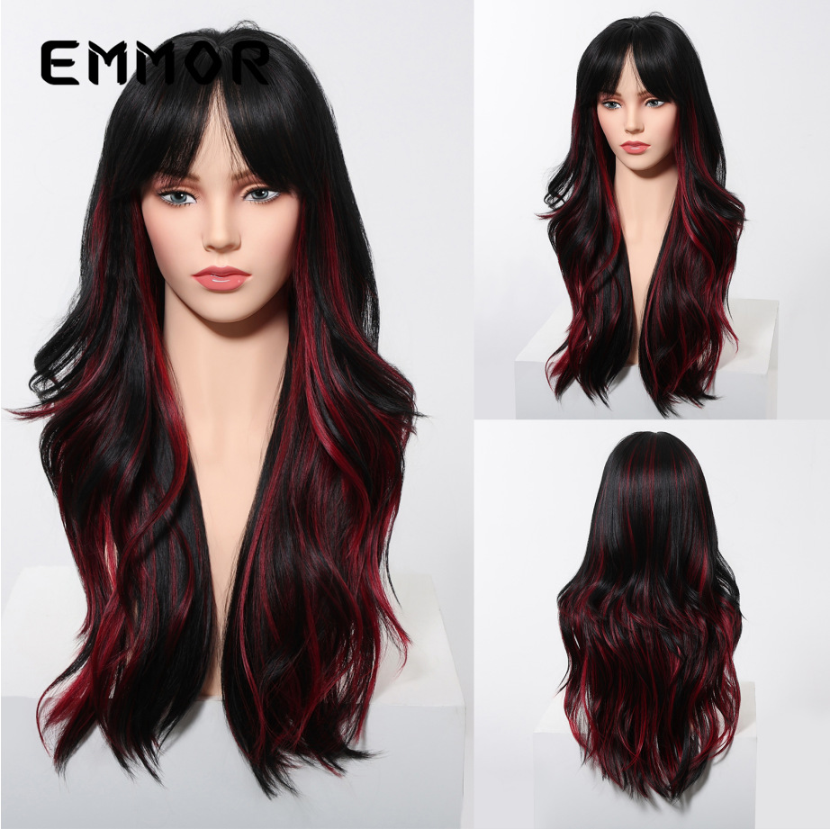 Pelucas europeas y americanas transfronterizas, cabello largo femenino, micro rizado, rojo y marrón, flequillo largo de ocho caracteres, cubierta completa diaria de alto nivel
