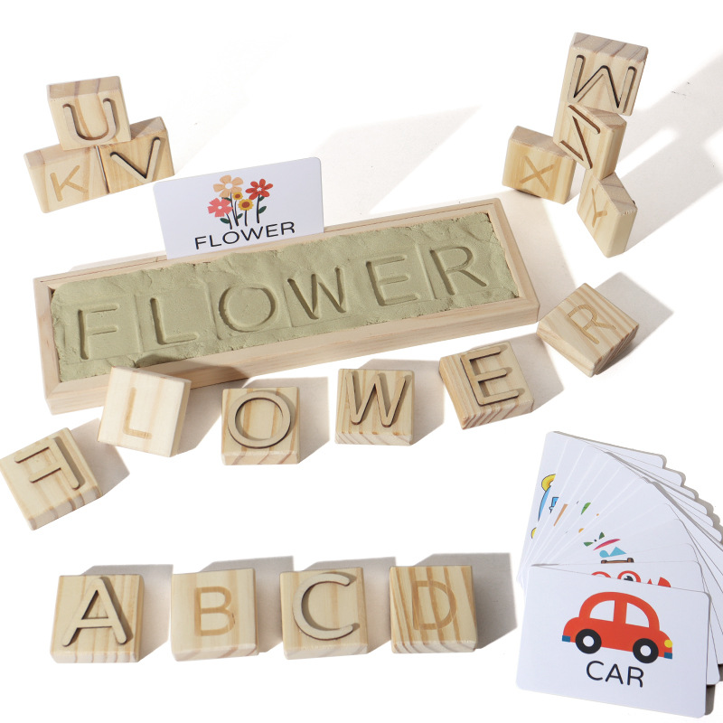 Inglés juegos de palabras de ortografía infantil puzzle caja de palabras digitales cognición de ortografía impresión de arena juguetes de madera