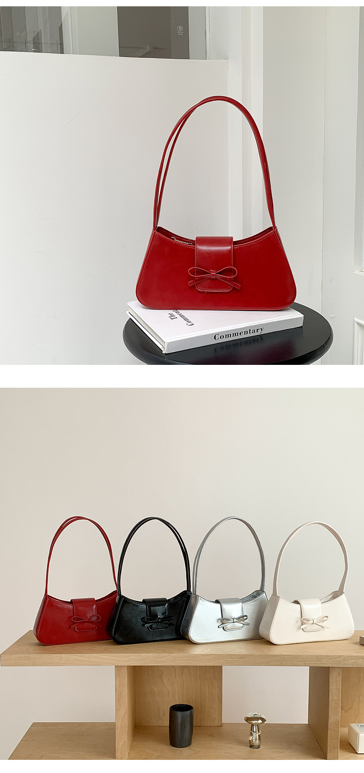 Borsa a tracolla singola rossa da donna 2024, nuova versione coreana, alla moda, minimalista, con fiocco sottobraccio_voghion.com