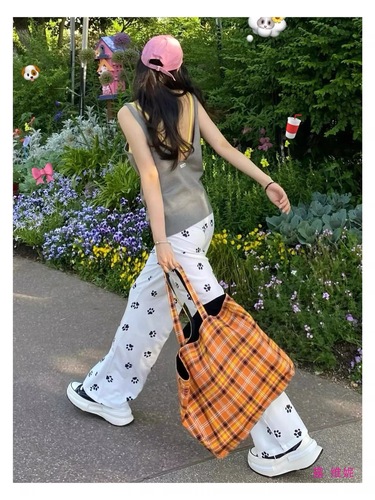 American Retro Loose Straight Leg Sports Pants for Women with Full Print Dog Paw Polka Dot Ground-Long White Pants