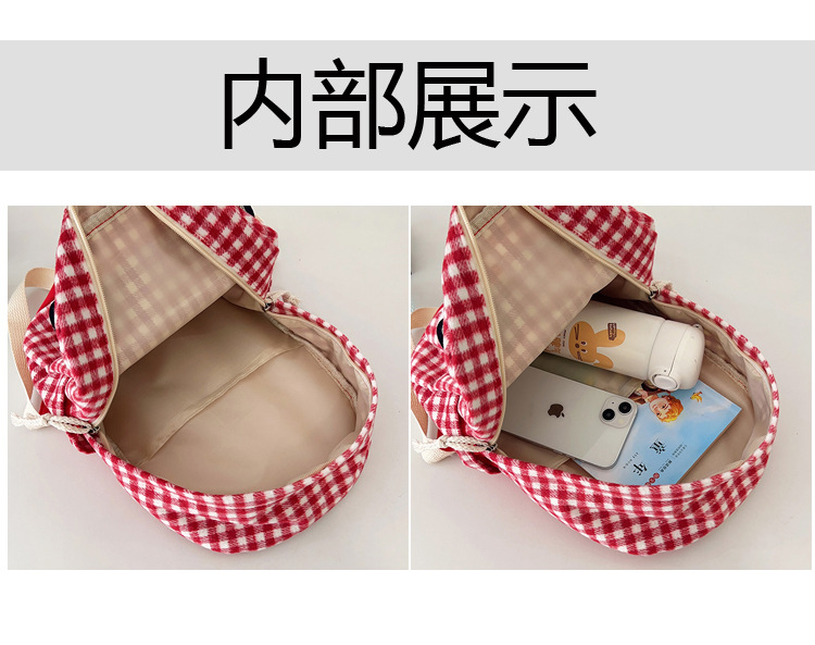 The large-capacity red woolen checkered backpack for primary and secondary school students is a unique and versatile choice. It's a trend for girls to carry backpacks during their leisure trips Application Scenario