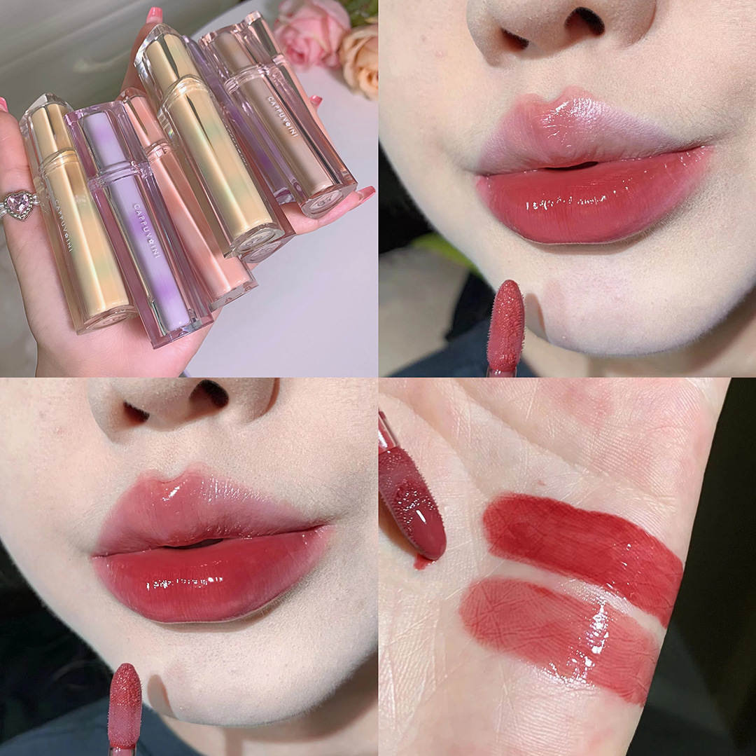 Cappuvini helado té espejo labio esmalte brillante labio brillante cristal jalea labio transparente tubo tarjeta burbuja Weini brillo de labios