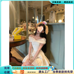 法式复古优雅小众时髦浪漫气质连衣裙女夏季新款蝴蝶结一字领裙子
