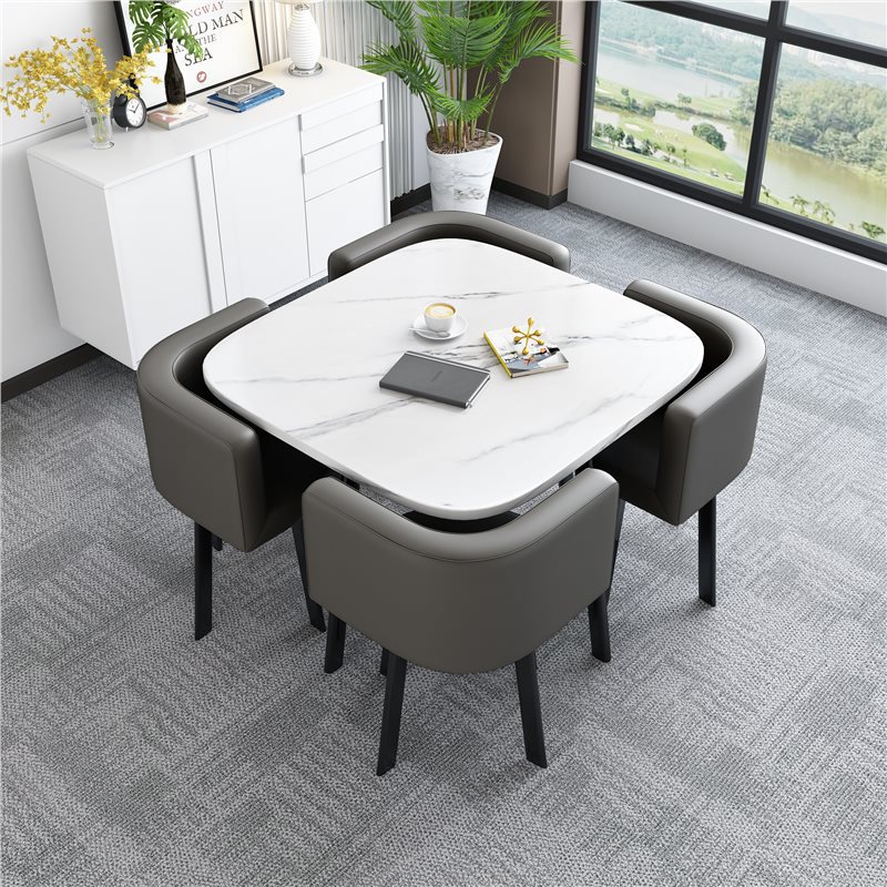 [Factory] 80 imitation white stone pattern square table gray leather chair