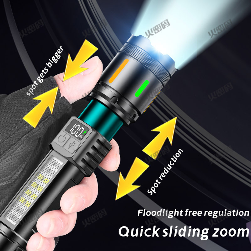 Carga ABS transfronteriza conveniente linterna brillante batería de larga duración con advertencia de cob, zoom fluorescente, linterna multifunción