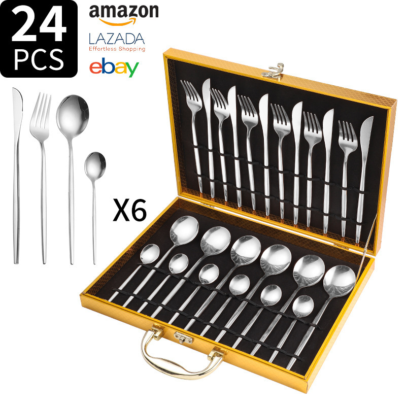 Juego de cuchillo y tenedor de comida occidental portuguesa de acero inoxidable de Amazon transfronterizo Juego de 24 piezas de bistec, cuchillo, tenedor, cuchara, cuchara, juego de cuchara de postre