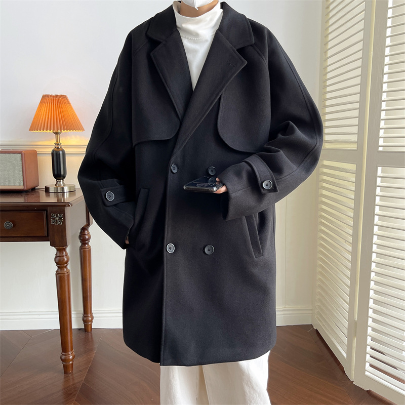 Abrigo de lana de los hombres de moda ins Otoño e Invierno suelta estilo británico Yupi trench coat de lana de moda engrosada abrigo de longitud media