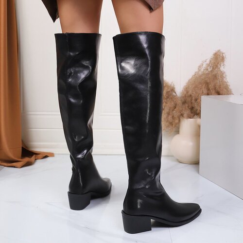 Thick heeled black knee-high piled long boots for women's shoes, new autumn and winter pointed thin knight boots