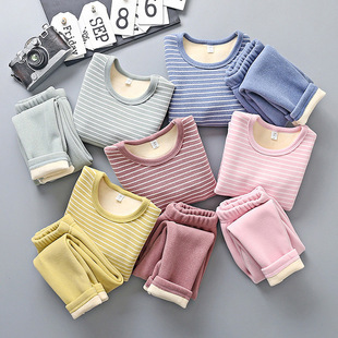 2025 Autumn/Winter Children's Fleece-Lined Thick Striped Pajamas Homewear Set for Boys and Girls, Base Layer Thermal Underwear Set