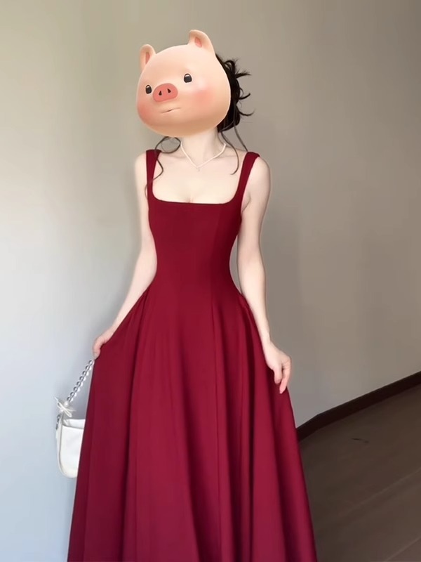 亚马逊速卖通eBay独立站红色吊带连衣裙夏季法式方领无袖收腰长裙|undefined