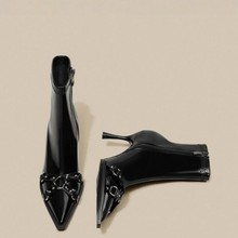 高跟黑色法式气质短靴女尖头子细跟瘦瘦靴侧拉链单靴季节新款秋冬