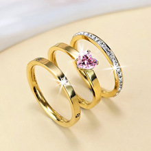 跨境欧美不锈钢戒指三件套新款爱心不掉色小众锆石套戒厂家批发