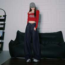 批发代发美式复古丹宁蓝宽松弯刀阔腿秋冬时尚百搭牛仔