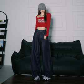 批发代发美式复古丹宁蓝宽松弯刀阔腿秋冬时尚百搭牛仔