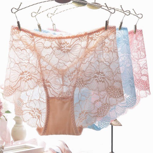 European and American foreign trade lace hollow plus fat women's mid-waist briefs sexy mesh thin breathable cotton panties for women