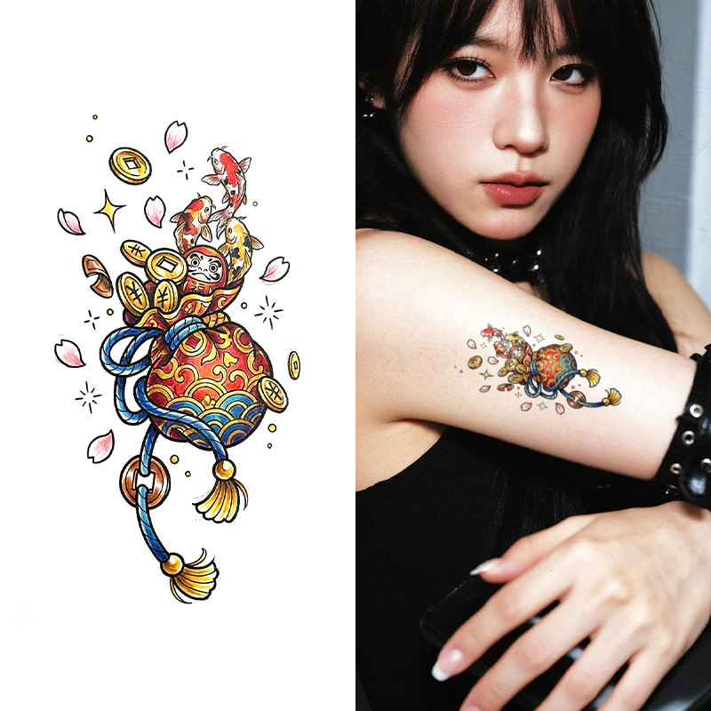 Cross-Border Copper Coin Bag Tattoo Stickers with a Meaning of Peace, Colorful Temporary Tattoos, Long-Lasting, Waterproof, Sweat-Proof, Ancient Style for Thighs and Arms
