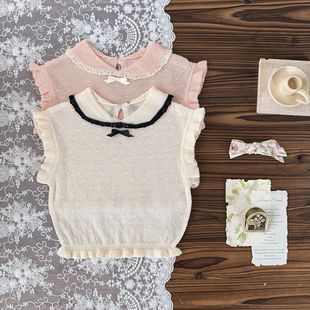Cutemily Summer Baby Girl's Yuanbao Collar Knitted Top Women's Treasure Tencel Hollow-out Flying Sleeve Lotus Leaf Thin Vest