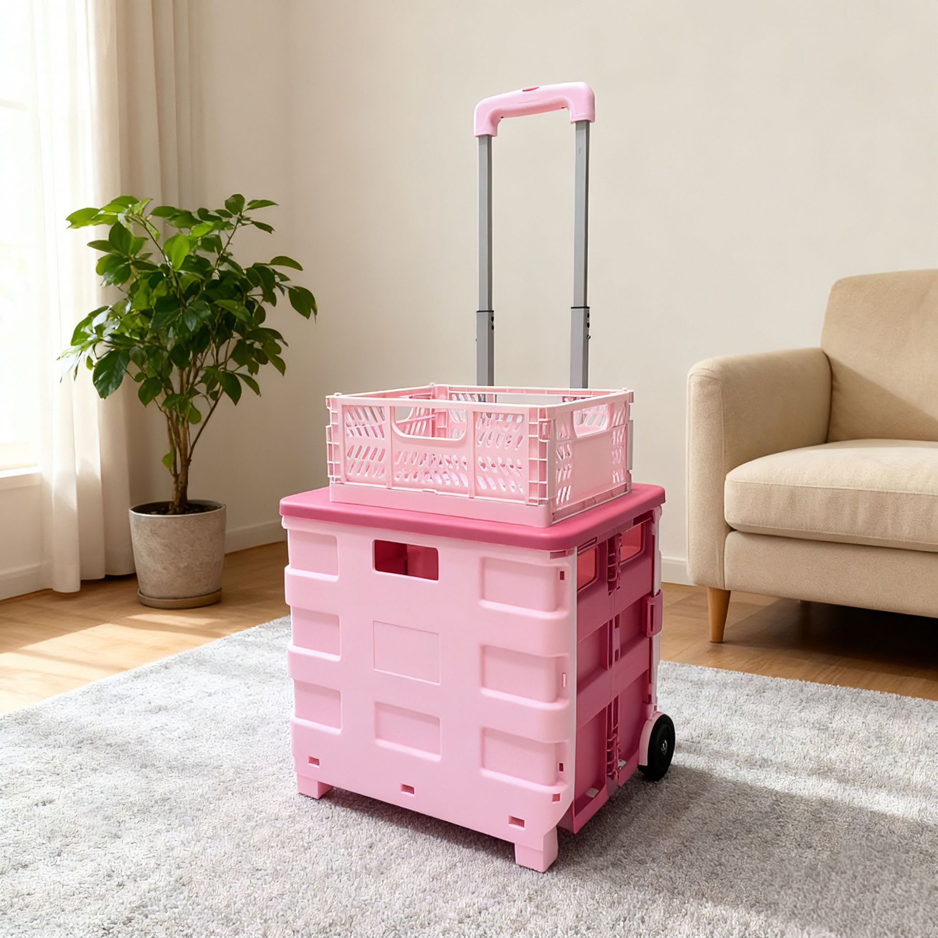 Pink Grocery Shopping Cart Supermarket Trolley for Home Use, Package Delivery, Moving Luggage, Hand-Pulled Cart, Foldable Small Cart