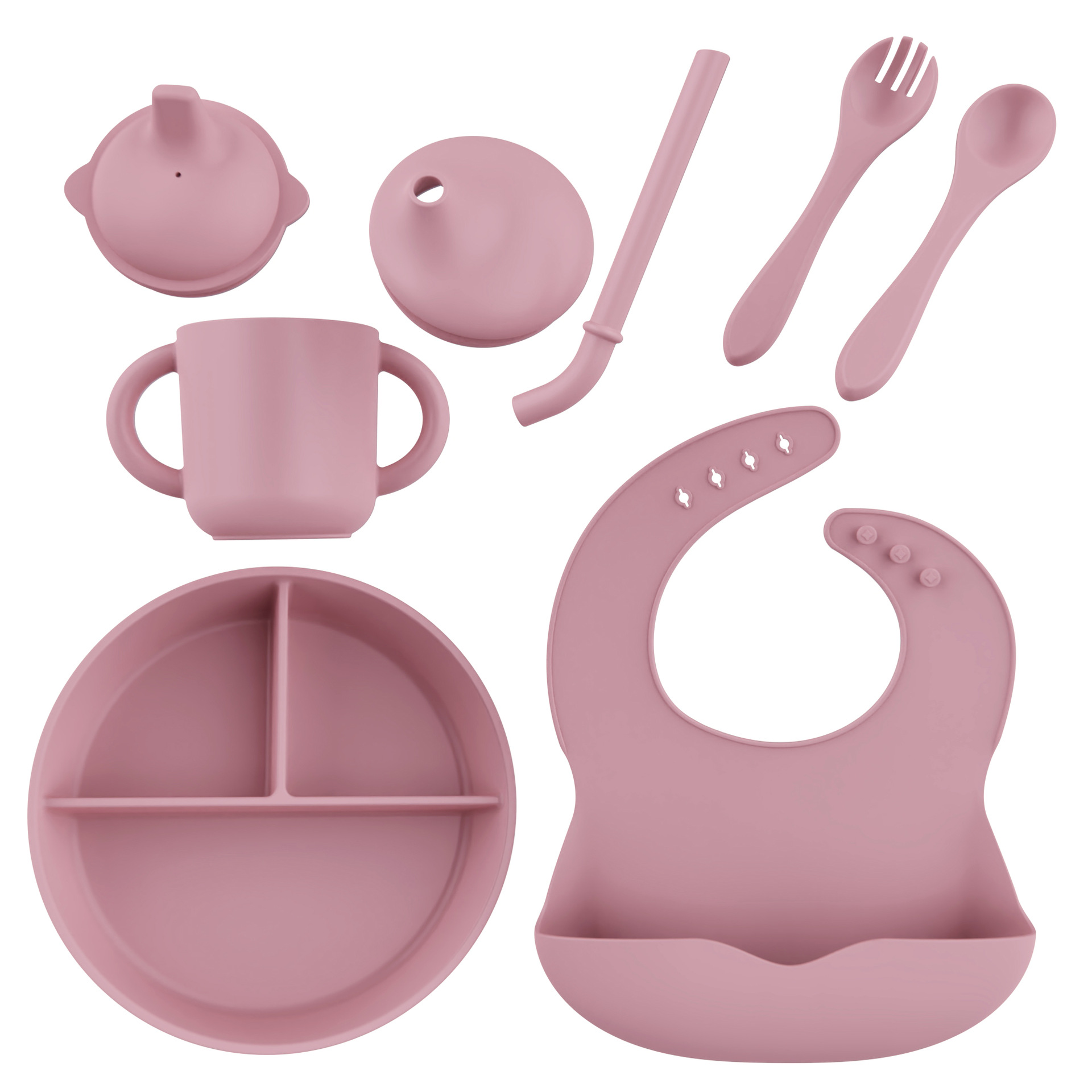 Set de cubiertos de silicona para bebés 5 piezas set de platos de comedor de tres cuadrados Bajazo de paja taza de agua silicona tenedor cuchara 5 piezas set de alimentos suplementarios
