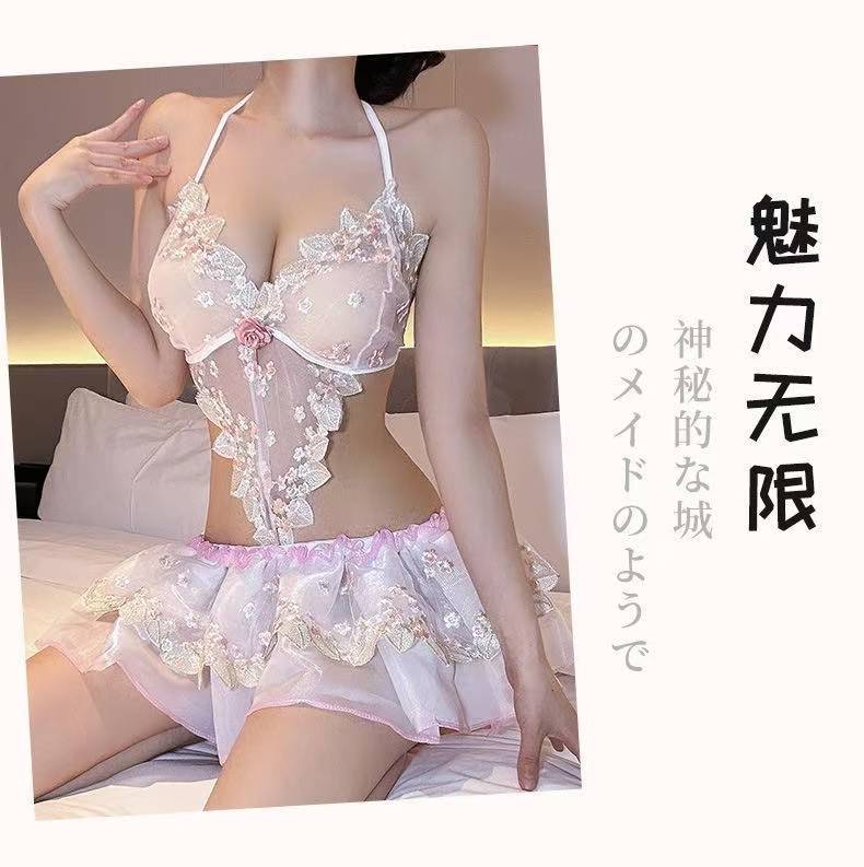 Bridal Veil Lace Lingerie Set with Puffy Princess Skirt and Embroidered Nightgown, Purple One Size — detail image 4