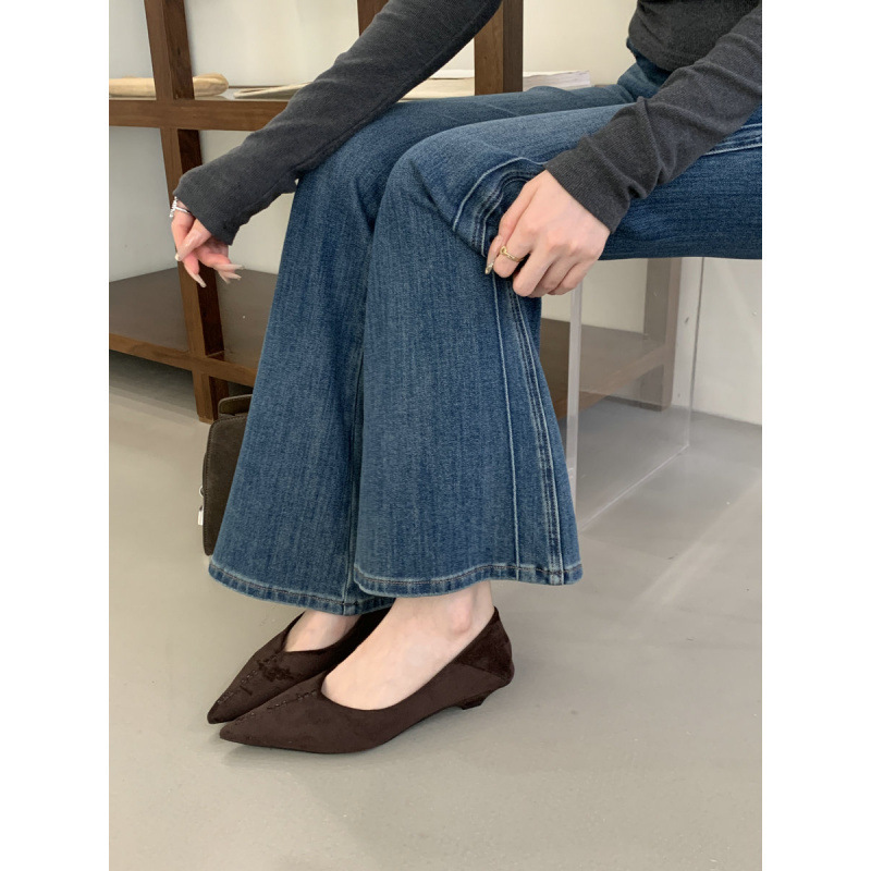 2025 New Autum Suede Pointed Toe Shallow Mouth Low Heel One-Leg Retro Elegant Kitten Heel Commuter Shoes for Women