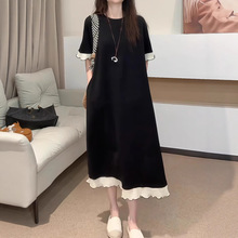 大码女装夏季高级法式设计感拼接连衣裙胖mm遮肚显瘦赫本风小黑裙