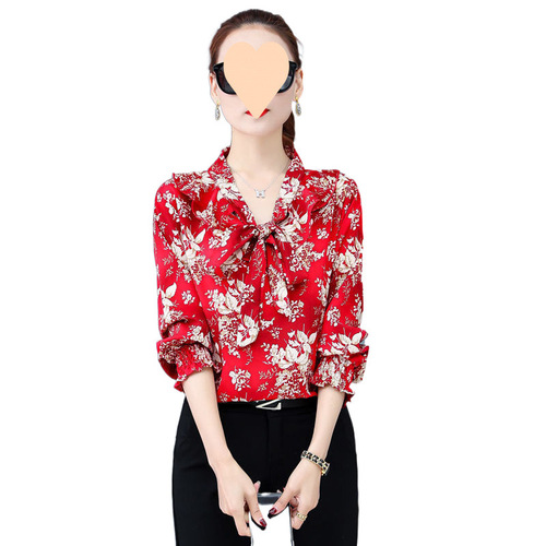 2025 chiffon blouse new high-end floral chiffon women's Korean version stylish women's long-sleeved tunic top