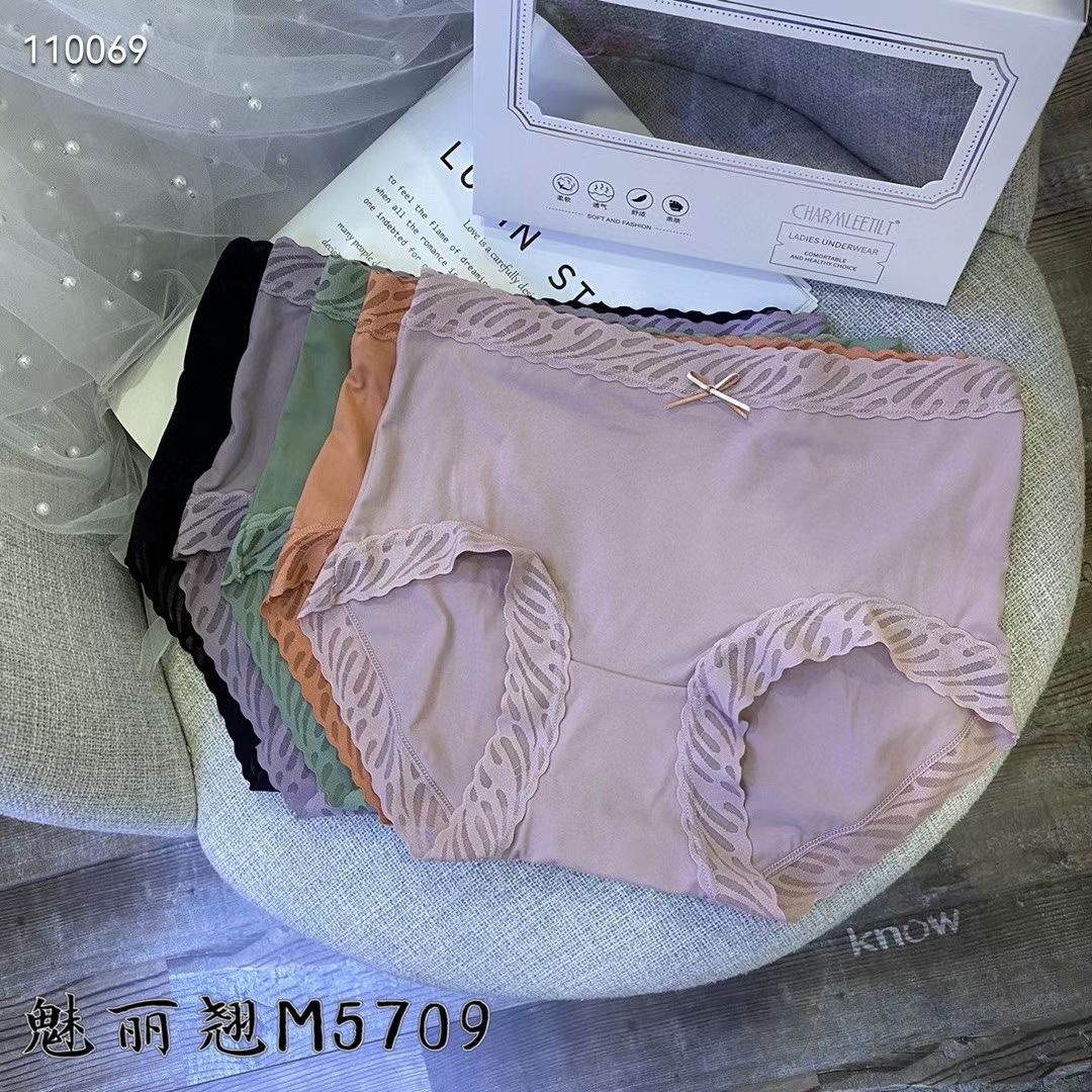 精品五条装魅丽翘内裤女复古磨毛质感蕾丝边包臀中腰三角裤女透气