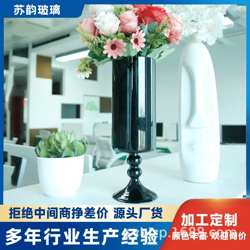 创意欧式直筒大口径高硼硅玻璃黑花瓶水培植物插花器轻奢装饰摆件