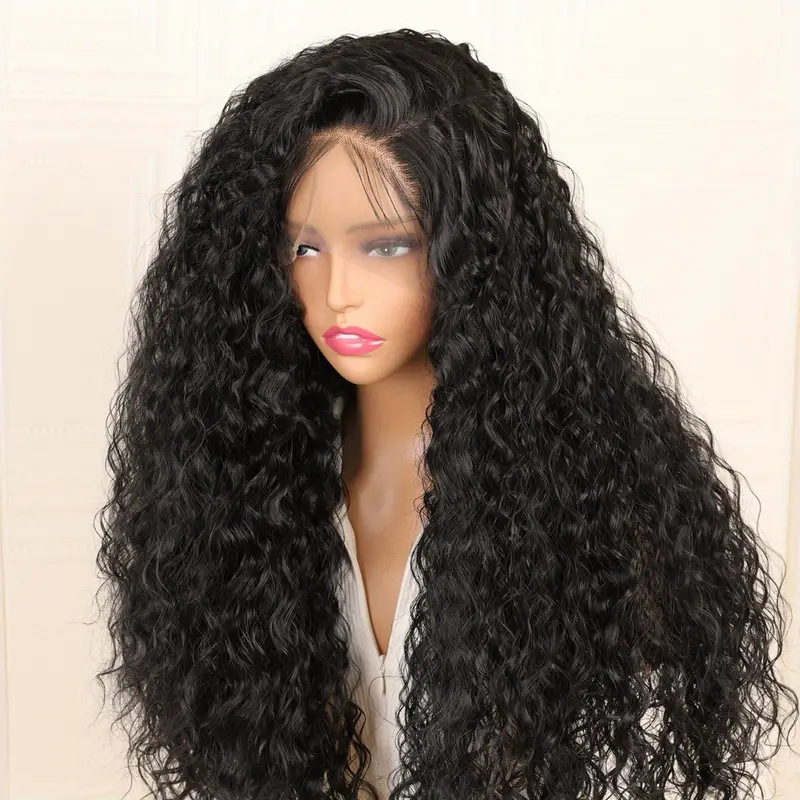 Peluca sintética rizada pequeña con encaje frontal, extensiones de cabello afro africano, tamaño promedio, onda corporal, cobertura de cabeza larga y rizada._voghion.com