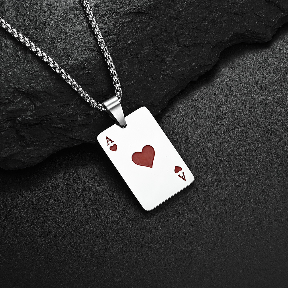 Playing Card Necklace All Stainless Steel Spades and Hearts Pendant Titanium Steel Necklace Men's Hip-Hop Style Versatile Sweater Chain